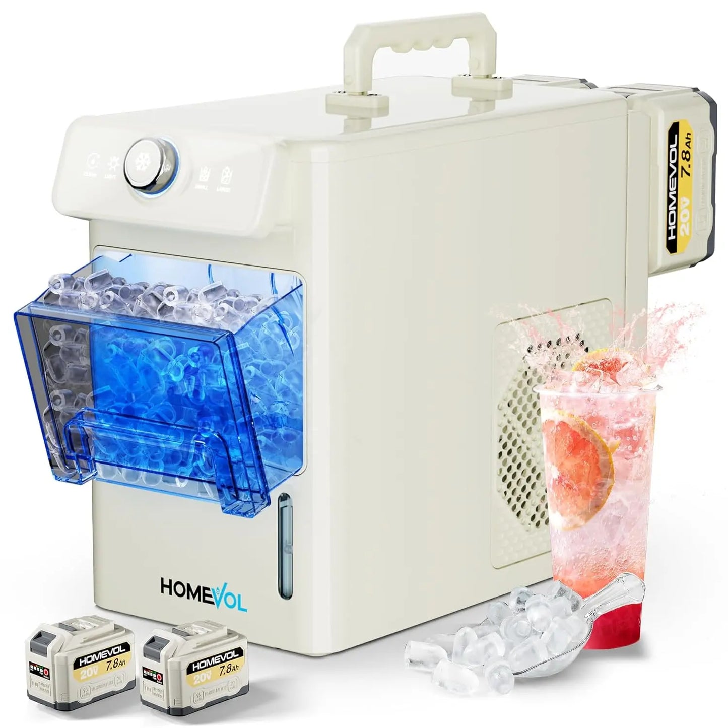 HOMEVOL Cordless Portable Ice Maker, Compatible with Dewalt 2*20V 7.8Ah Rechargeable Battery Powered Countertop Ice Machine with Scoop, 6 Cubes in 6-8 Mins, 2 Ice Sizes, Auto Self-Cleaning, for Home, Kitchen, Camping, RV & Outdoor