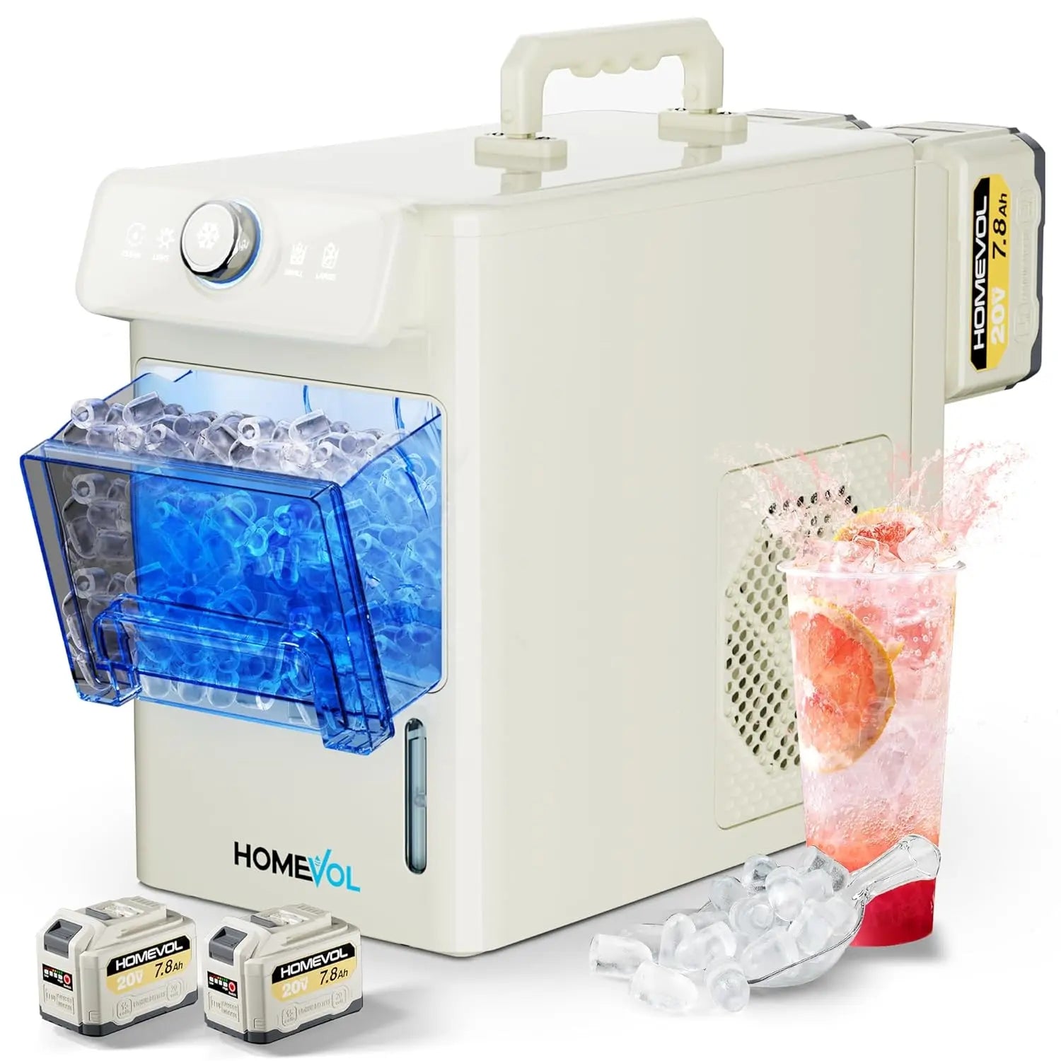 HOMEVOL Cordless Portable Ice Maker, Compatible with Dewalt 2*20V 7.8Ah Rechargeable Battery Powered Countertop Ice Machine with Scoop, 6 Cubes in 6-8 Mins, 2 Ice Sizes, Auto Self-Cleaning, for Home, Kitchen, Camping, RV & Outdoor