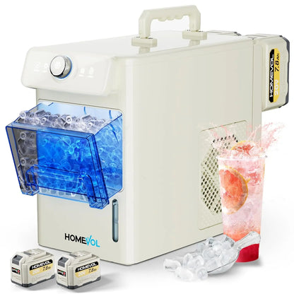 HOMEVOL Cordless Portable Ice Maker, Compatible with Dewalt 2*20V 7.8Ah Rechargeable Battery Powered Countertop Ice Machine with Scoop, 6 Cubes in 6-8 Mins, 2 Ice Sizes, Auto Self-Cleaning, for Home, Kitchen, Camping, RV & Outdoor