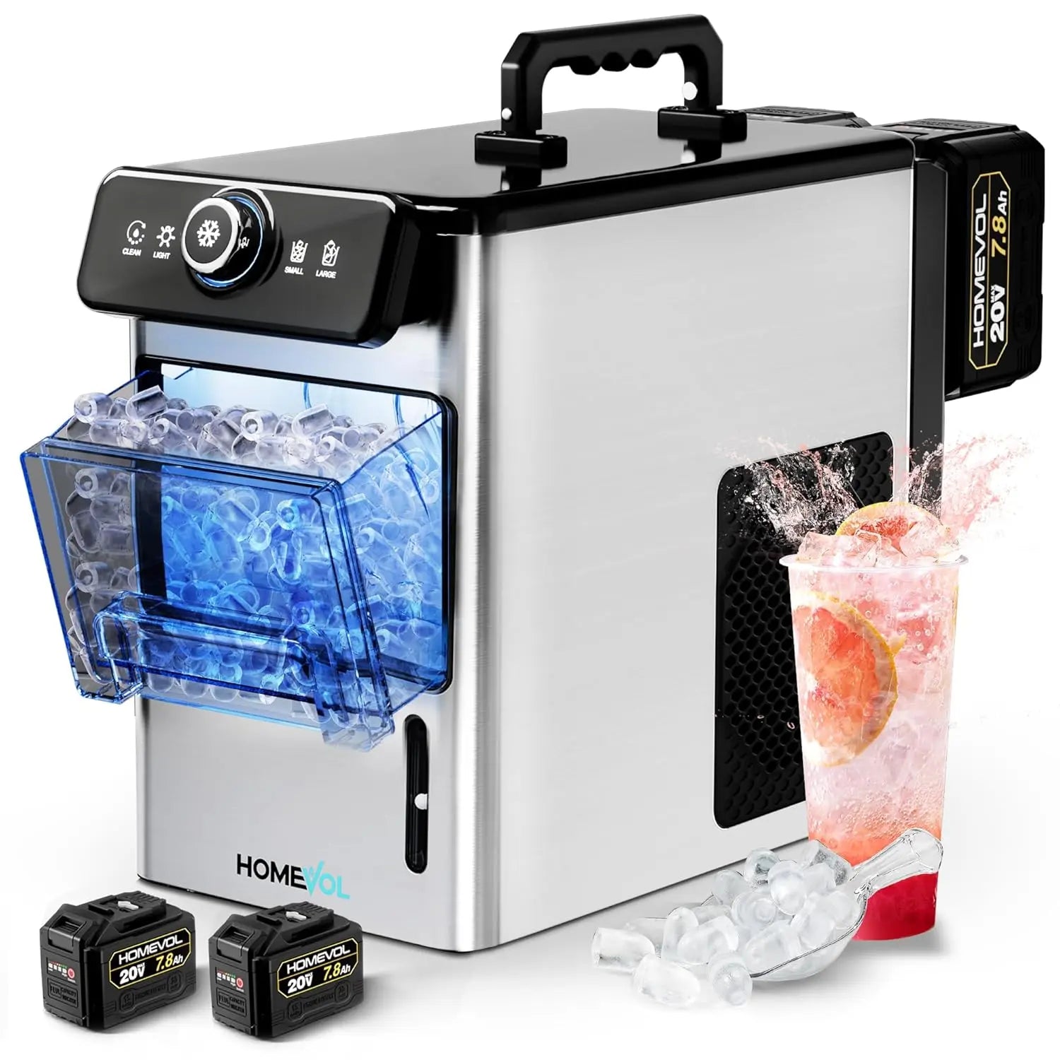 HOMEVOL Cordless Portable Ice Maker, Compatible with Dewalt 2*20V 7.8Ah Rechargeable Battery Powered Countertop Ice Machine with Scoop, 6 Cubes in 6-8 Mins, 2 Ice Sizes, Auto Self-Cleaning, for Home, Kitchen, Camping, RV & Outdoor