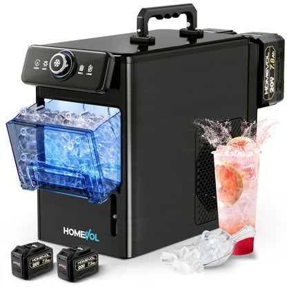 HOMEVOL Cordless Portable Ice Maker, Compatible with Dewalt 2*20V 7.8Ah Rechargeable Battery Powered Countertop Ice Machine with Scoop, 6 Cubes in 6-8 Mins, 2 Ice Sizes, Auto Self-Cleaning, for Home, Kitchen, Camping, RV & Outdoor