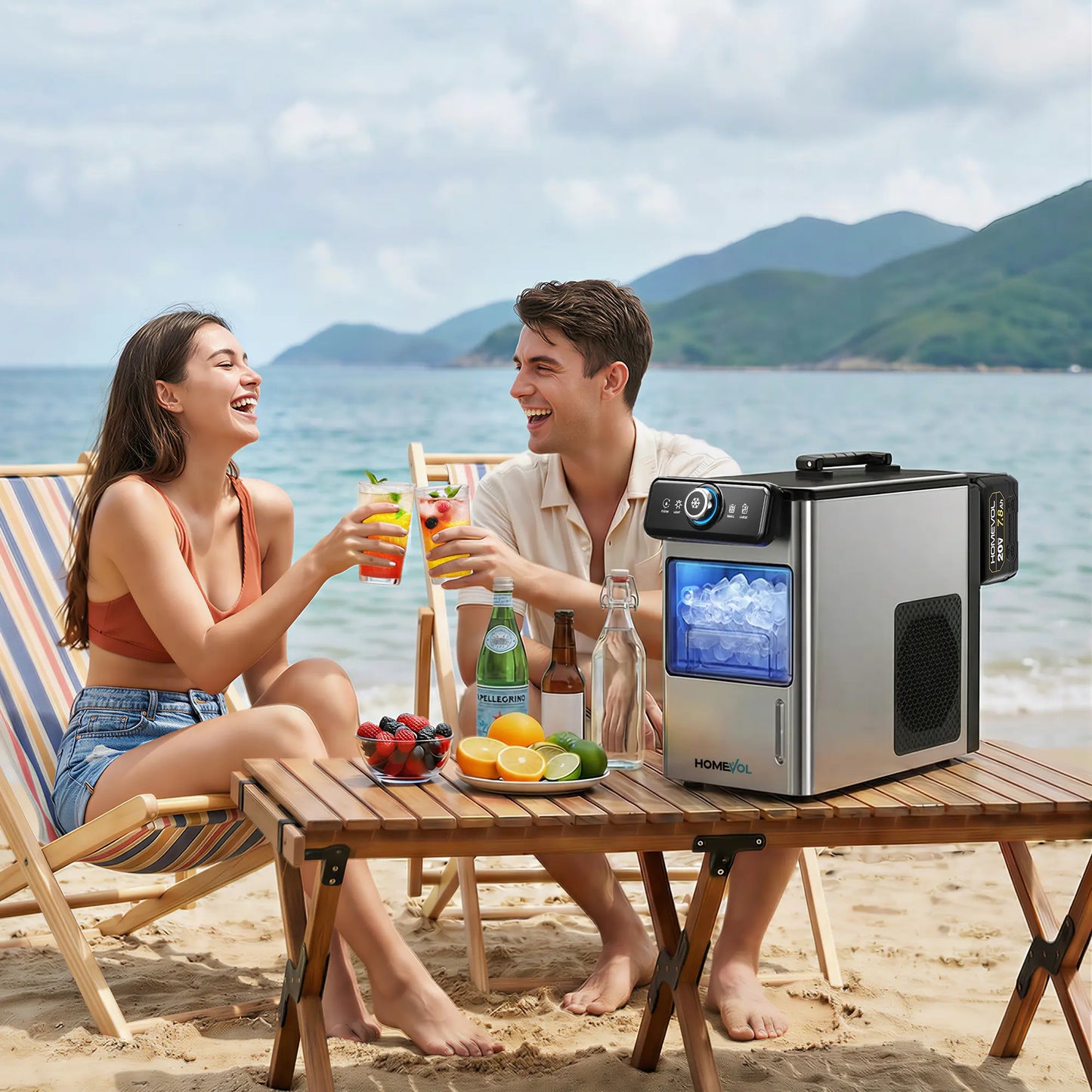 HOMEVOL Cordless Portable Ice Maker, Compatible with Dewalt 2*20V 7.8Ah Rechargeable Battery Powered Countertop Ice Machine with Scoop, 6 Cubes in 6-8 Mins, 2 Ice Sizes, Auto Self-Cleaning, for Home, Kitchen, Camping, RV & Outdoor