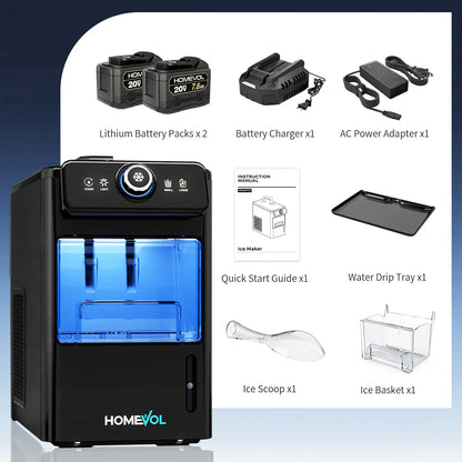 HOMEVOL Cordless Portable Ice Maker, Compatible with Dewalt 2*20V 7.8Ah Rechargeable Battery Powered Countertop Ice Machine with Scoop, 6 Cubes in 6-8 Mins, 2 Ice Sizes, Auto Self-Cleaning, for Home, Kitchen, Camping, RV & Outdoor