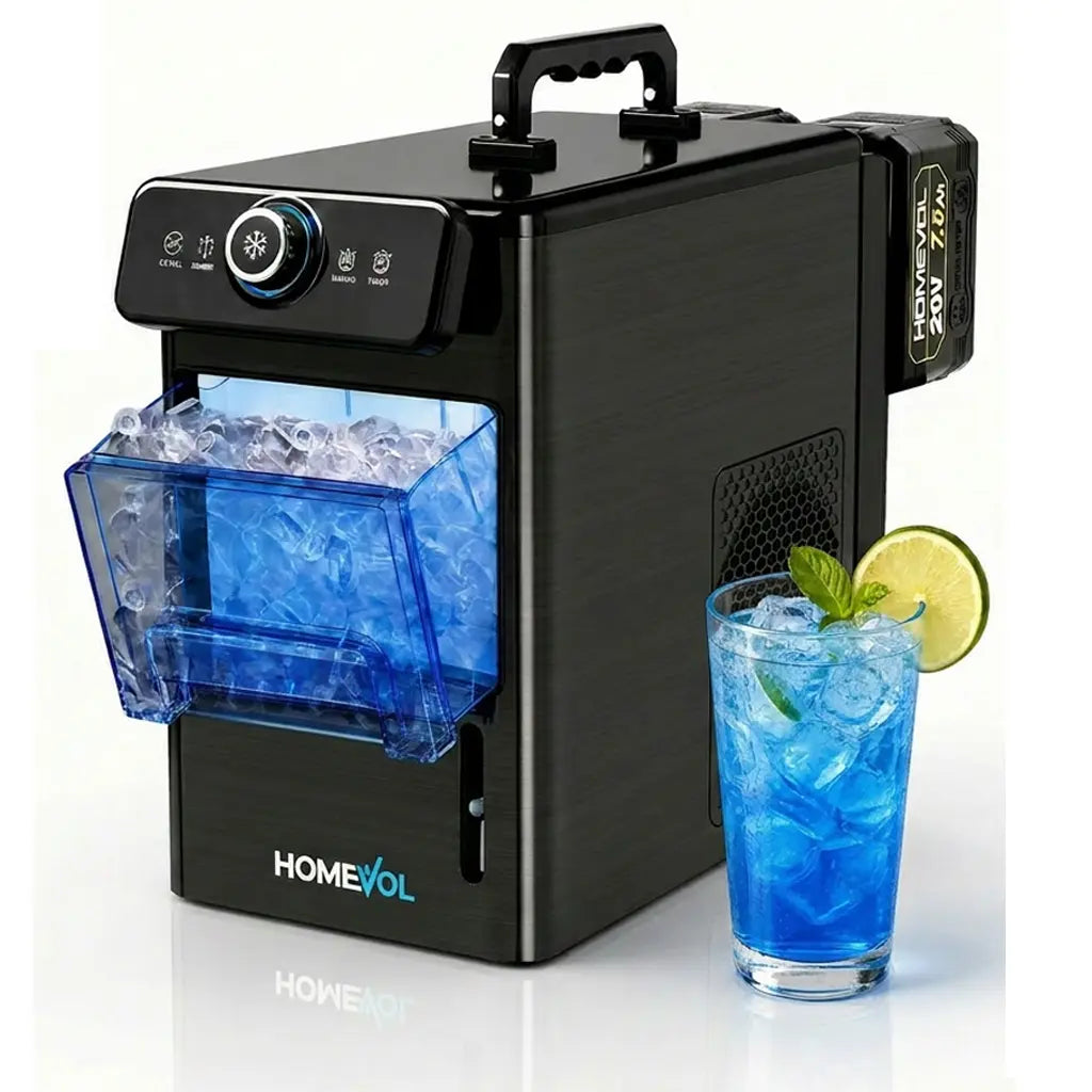 HOMEVOL Cordless Portable Ice Maker, Compatible with Dewalt 2*20V 7.8Ah Rechargeable Battery Powered Countertop Ice Machine with Scoop, 6 Cubes in 6-8 Mins, 2 Ice Sizes, Auto Self-Cleaning, for Home, Kitchen, Camping, RV & Outdoor