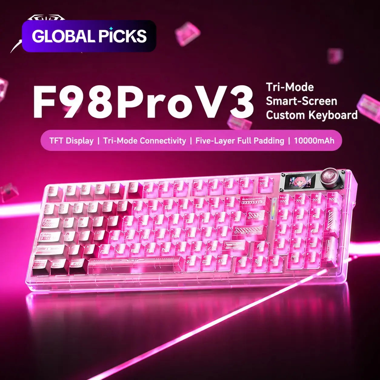 AULA F98Pro V3 Three-Mode Mechanical Keyboard, High-Definition Smart Screen, Long Battery Life, Multi-Function Knob, Cool RGB Lighting, Hot-Swappable Shaft, Compatible with Windows/Mac/Ios System Equipment, Suitable for E-Sports Games and Office.