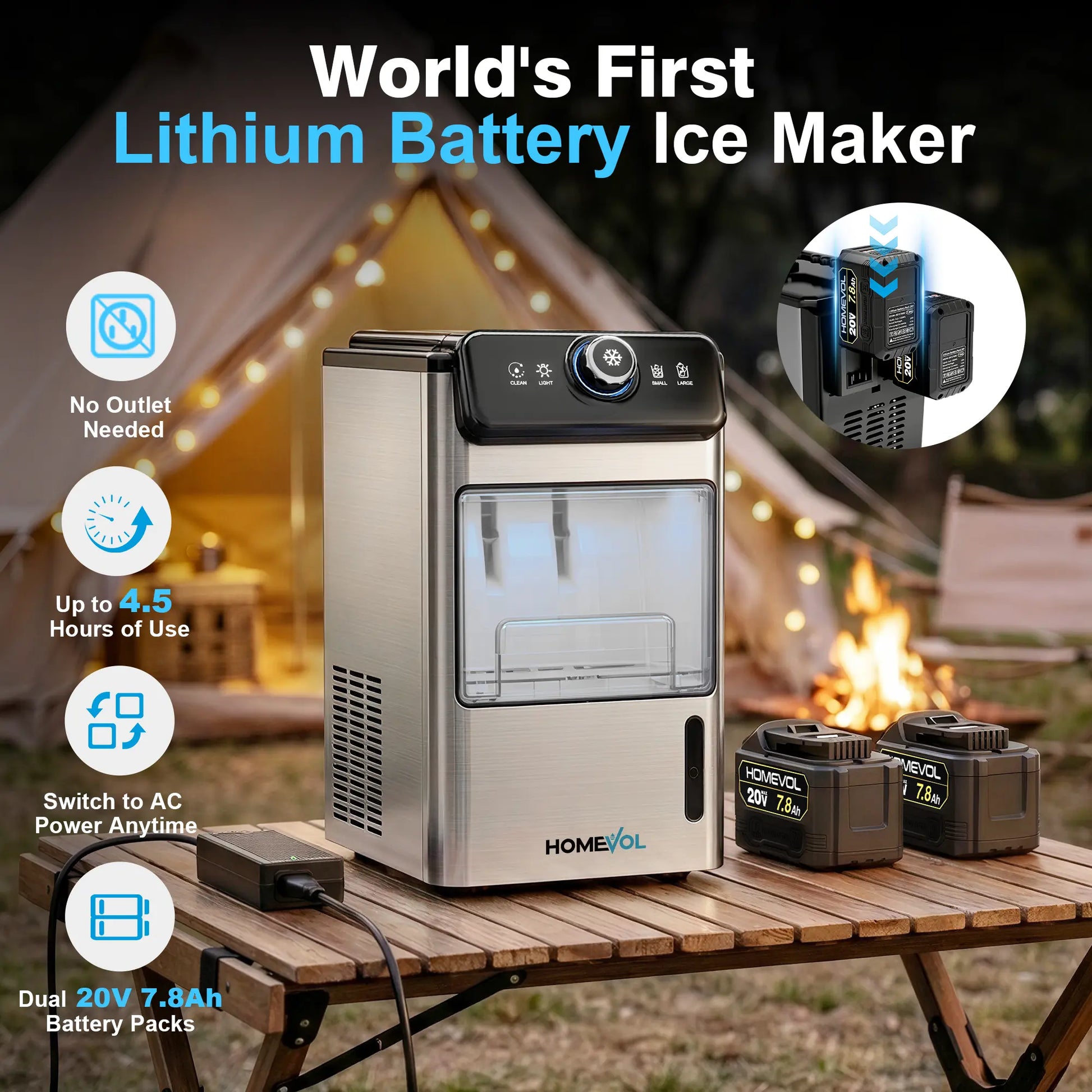 HOMEVOL Cordless Portable Ice Maker, Compatible with Dewalt 2*20V 7.8Ah Rechargeable Battery Powered Countertop Ice Machine with Scoop, 6 Cubes in 6-8 Mins, 2 Ice Sizes, Auto Self-Cleaning, for Home, Kitchen, Camping, RV & Outdoor