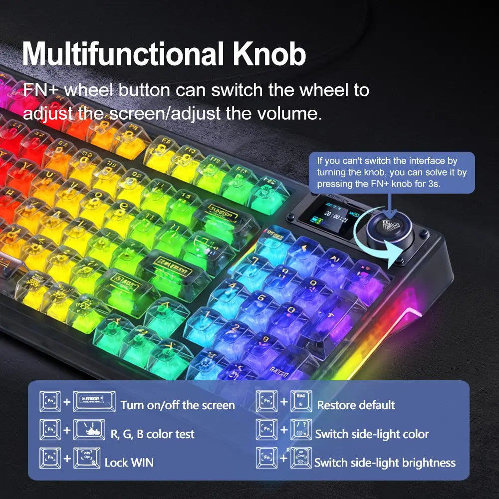 AULA F98Pro V3 Three-Mode Mechanical Keyboard, High-Definition Smart Screen, Long Battery Life, Multi-Function Knob, Cool RGB Lighting, Hot-Swappable Shaft, Compatible with Windows/Mac/Ios System Equipment, Suitable for E-Sports Games and Office.