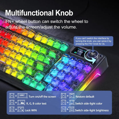 AULA F98Pro V3 Three-Mode Mechanical Keyboard, High-Definition Smart Screen, Long Battery Life, Multi-Function Knob, Cool RGB Lighting, Hot-Swappable Shaft, Compatible with Windows/Mac/Ios System Equipment, Suitable for E-Sports Games and Office.