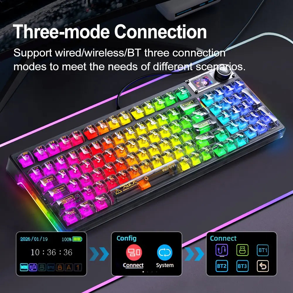 AULA F98Pro V3 Three-Mode Mechanical Keyboard, High-Definition Smart Screen, Long Battery Life, Multi-Function Knob, Cool RGB Lighting, Hot-Swappable Shaft, Compatible with Windows/Mac/Ios System Equipment, Suitable for E-Sports Games and Office.