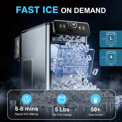 HOMEVOL Cordless Portable Ice Maker, Compatible with Dewalt 2*20V 7.8Ah Rechargeable Battery Powered Countertop Ice Machine with Scoop, 6 Cubes in 6-8 Mins, 2 Ice Sizes, Auto Self-Cleaning, for Home, Kitchen, Camping, RV & Outdoor