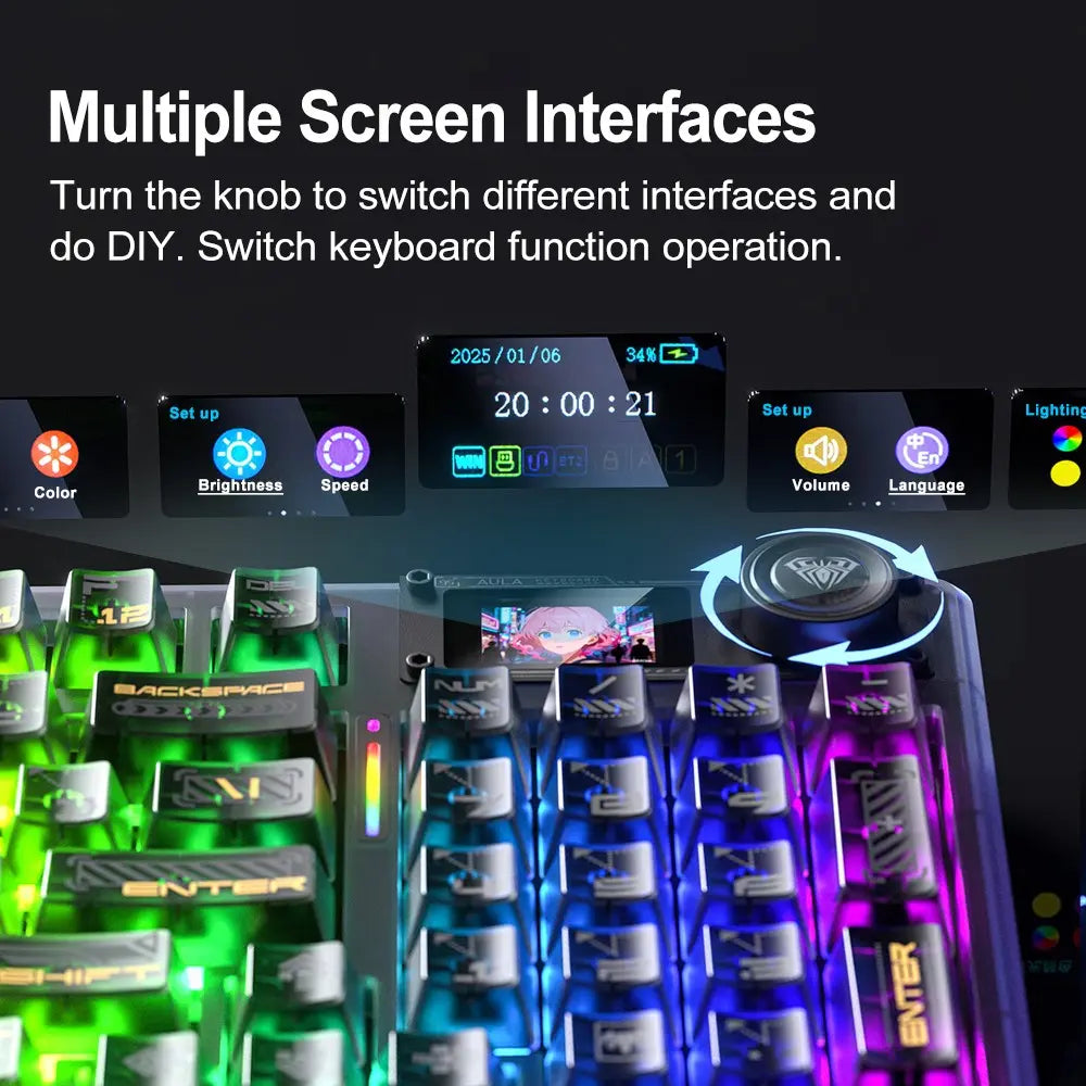 AULA F98Pro V3 Three-Mode Mechanical Keyboard, High-Definition Smart Screen, Long Battery Life, Multi-Function Knob, Cool RGB Lighting, Hot-Swappable Shaft, Compatible with Windows/Mac/Ios System Equipment, Suitable for E-Sports Games and Office.