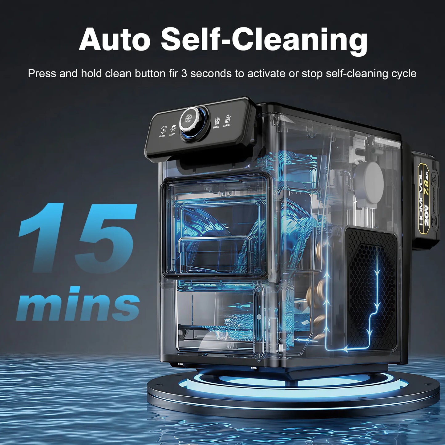 HOMEVOL Cordless Portable Ice Maker, Compatible with Dewalt 2*20V 7.8Ah Rechargeable Battery Powered Countertop Ice Machine with Scoop, 6 Cubes in 6-8 Mins, 2 Ice Sizes, Auto Self-Cleaning, for Home, Kitchen, Camping, RV & Outdoor